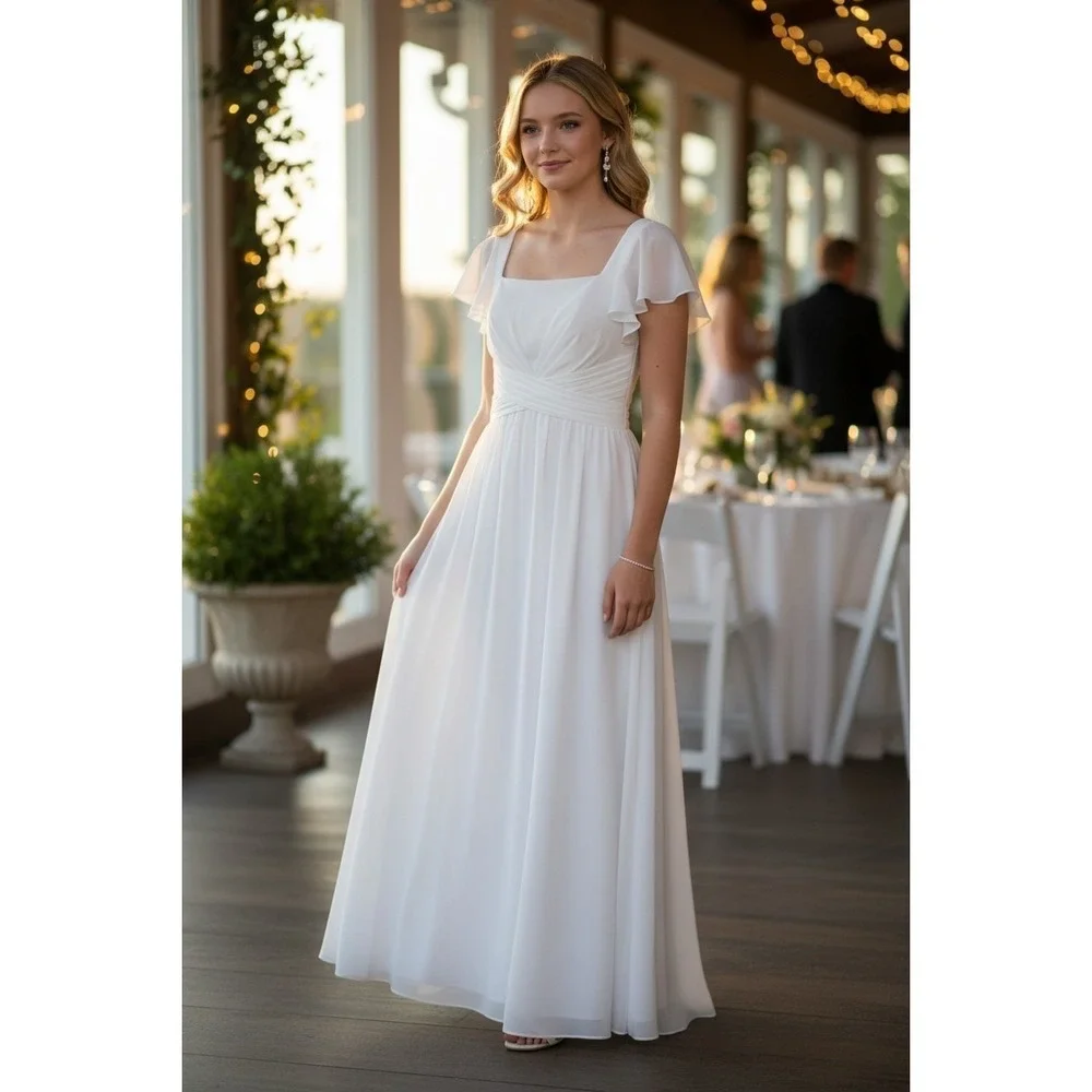 White Chiffon Maxi Dress 14 Flutter Sleeve Back Zip & Tie Lined Angelcore NWT